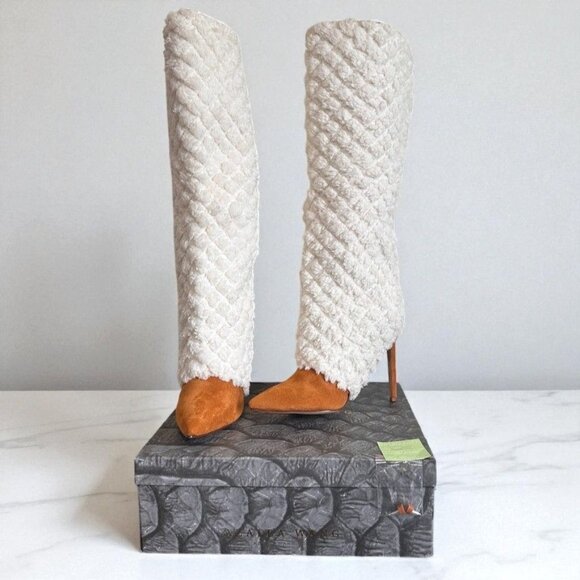 Azalea Wang Beige Quilted Sherpa Tan Suede Knee-High Stiletto Boots Size 9 NWB - Picture 5 of 9